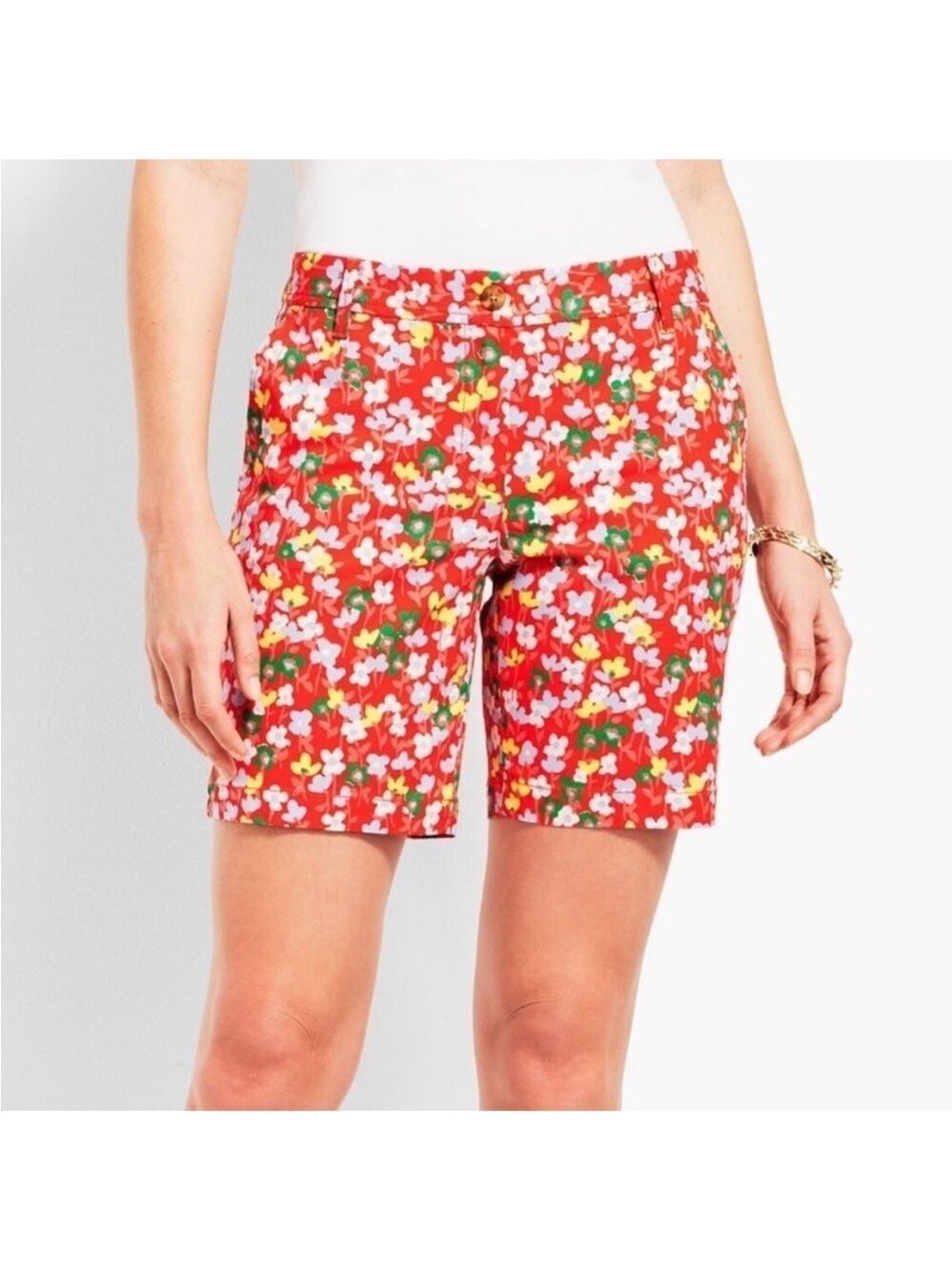 TALBOTS Girlfriend Chino Shorts cotton blend floral spring posies red 12P